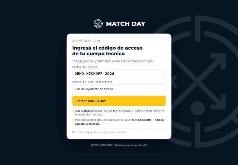 Pantalla de acceso de MATCH DAY: se ingresa el código del cuerpo técnico para activar el iPad