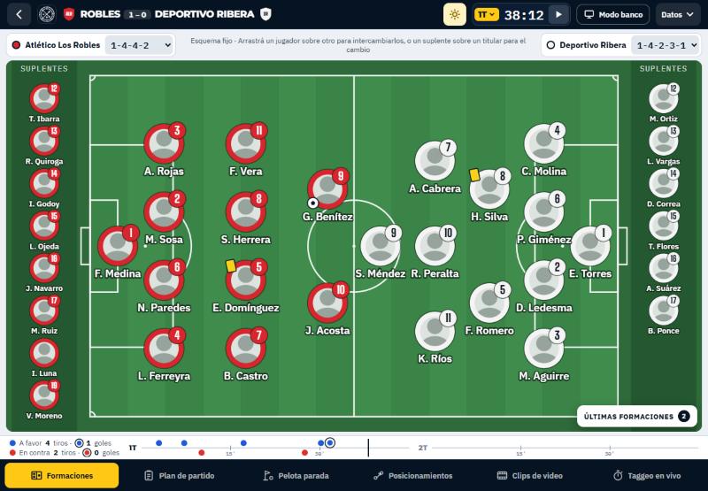 Pantalla de Formaciones de MATCH DAY: los dos equipos en la cancha, suplentes detrás de cada arco y el cronómetro arriba